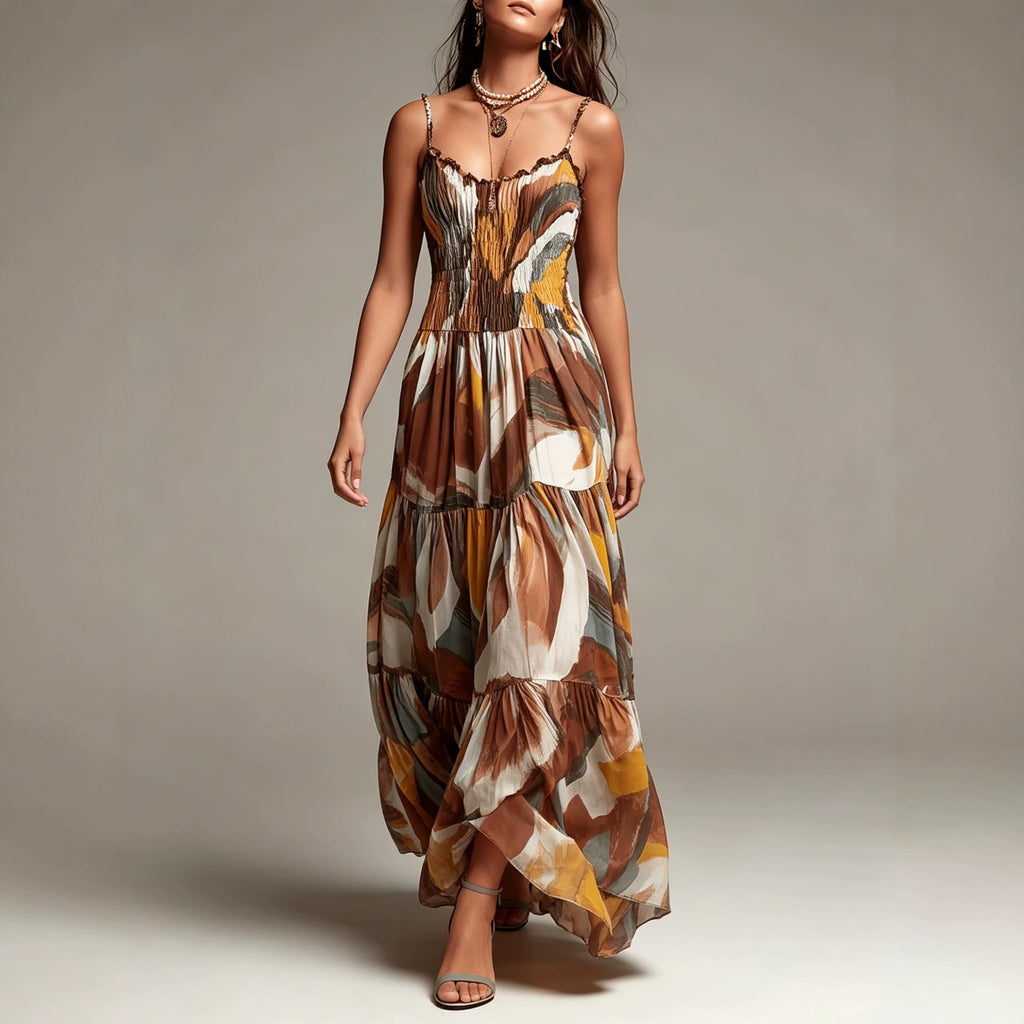 Multi-color sleeveless maxi dress with abstract print, smocked bodice, layered pleats