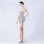 Women's Lengthened Ostrich Feather Beaded Sequ One Shoulder Diagonal Collar High Fork Evening Dress