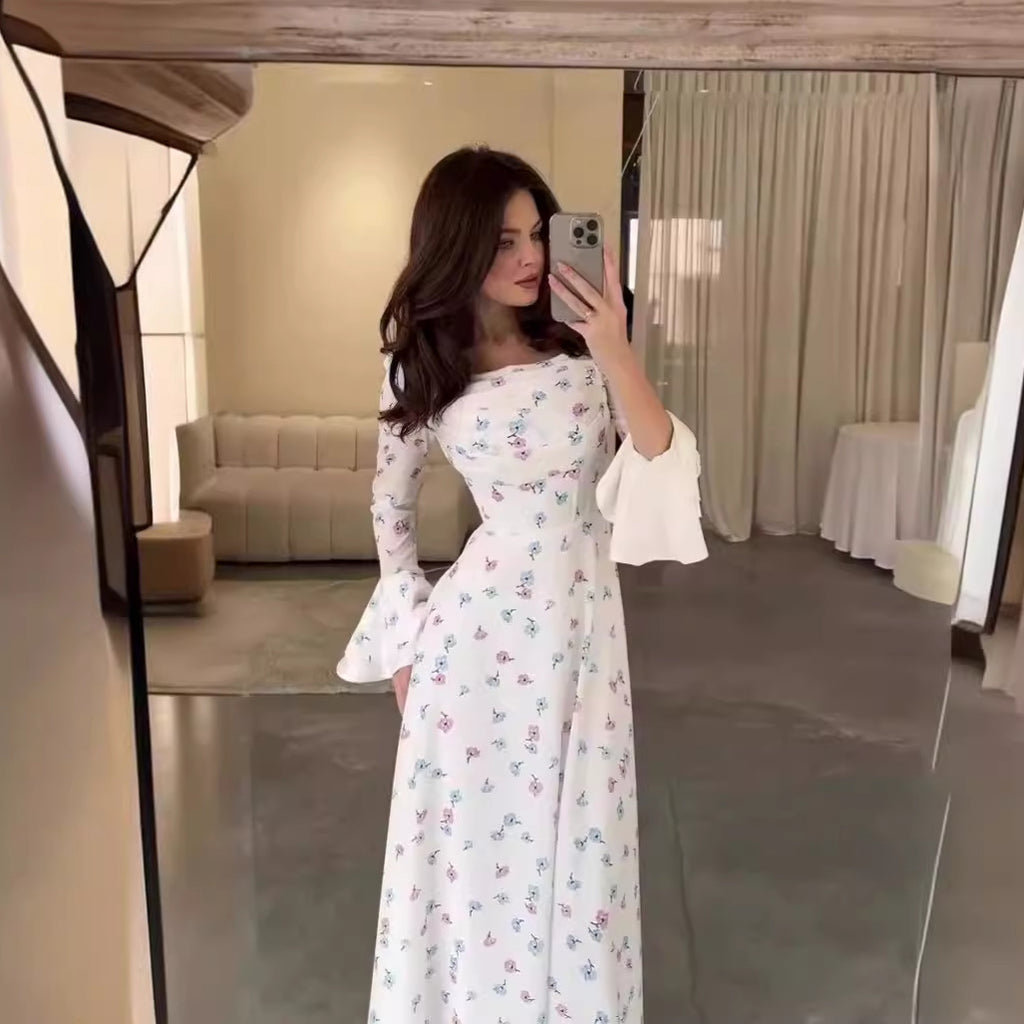 Summer U Neck Printed Long Sleeve Flared Sleeves Slim Dress