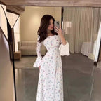 Summer U Neck Printed Long Sleeve Flared Sleeves Slim Dress
