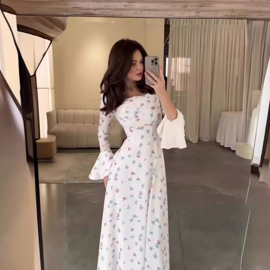 Summer U Neck Printed Long Sleeve Flared Sleeves Slim Dress