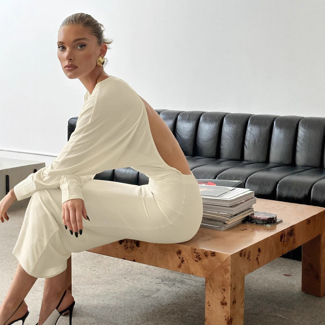 Crew-Neck Backless Cutout Long-Sleeve Bodycon Maxi Dress