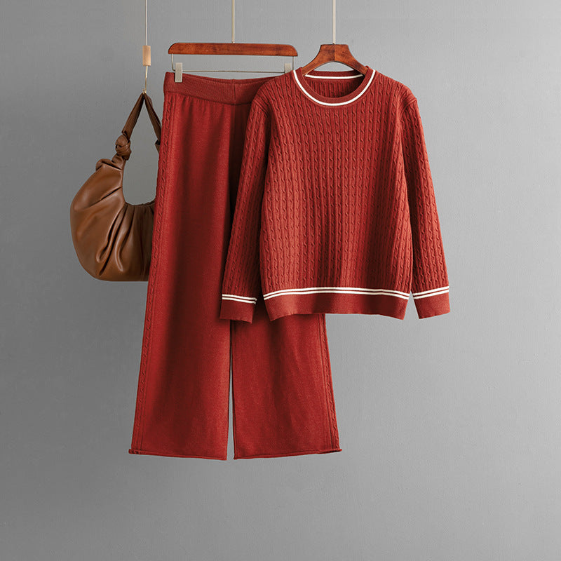 Autumn Winter Twist Knitted Round-Neck Long-Sleeve Sweater Casual Pants Two-Piece Set