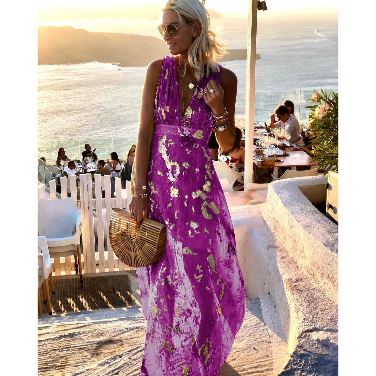 Women's V-Neck Bronzing Maxi Dress