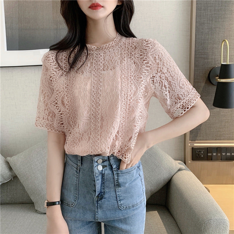 Women's Lace Shirt For Women Summer Solid Color Round Neck Short Sleeves Crocheted Hollow Out Cutout Loose All Matching Western Shirt For Women