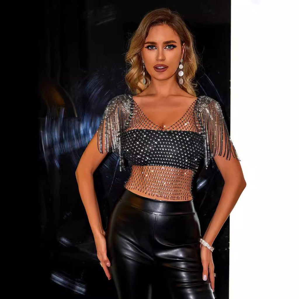 Women's Rhinestone Fishnet Tassel Vest Top