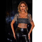 Women's Rhinestone Fishnet Tassel Vest Top