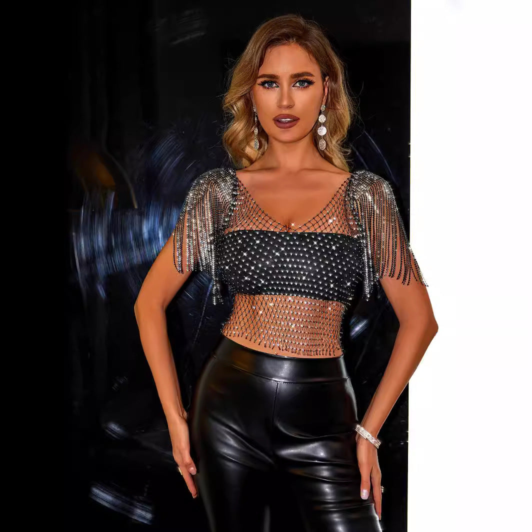 Women's Rhinestone Fishnet Tassel Vest Top