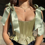 Fashionable Green Ruffled Silk Lace Up Waist Top