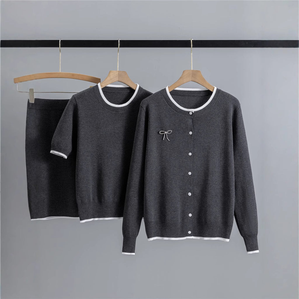 Round Neck Jacquard Contrast Color Cardigan Long Sleeve