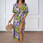 Women's Summer Floral Print Maxi Dress Elastic Band Waist Tight Big V Neck Short Sleeve Dress For Women