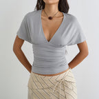 Women's Spring Summer Simple Solid Color Deep V Plunge Batwing Sleeve Waist Tight Slim Short Sleeved Tops T Shirt
