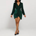 Women's Women's Velvet Dress V Neck High Waist Long Sleeves Hip