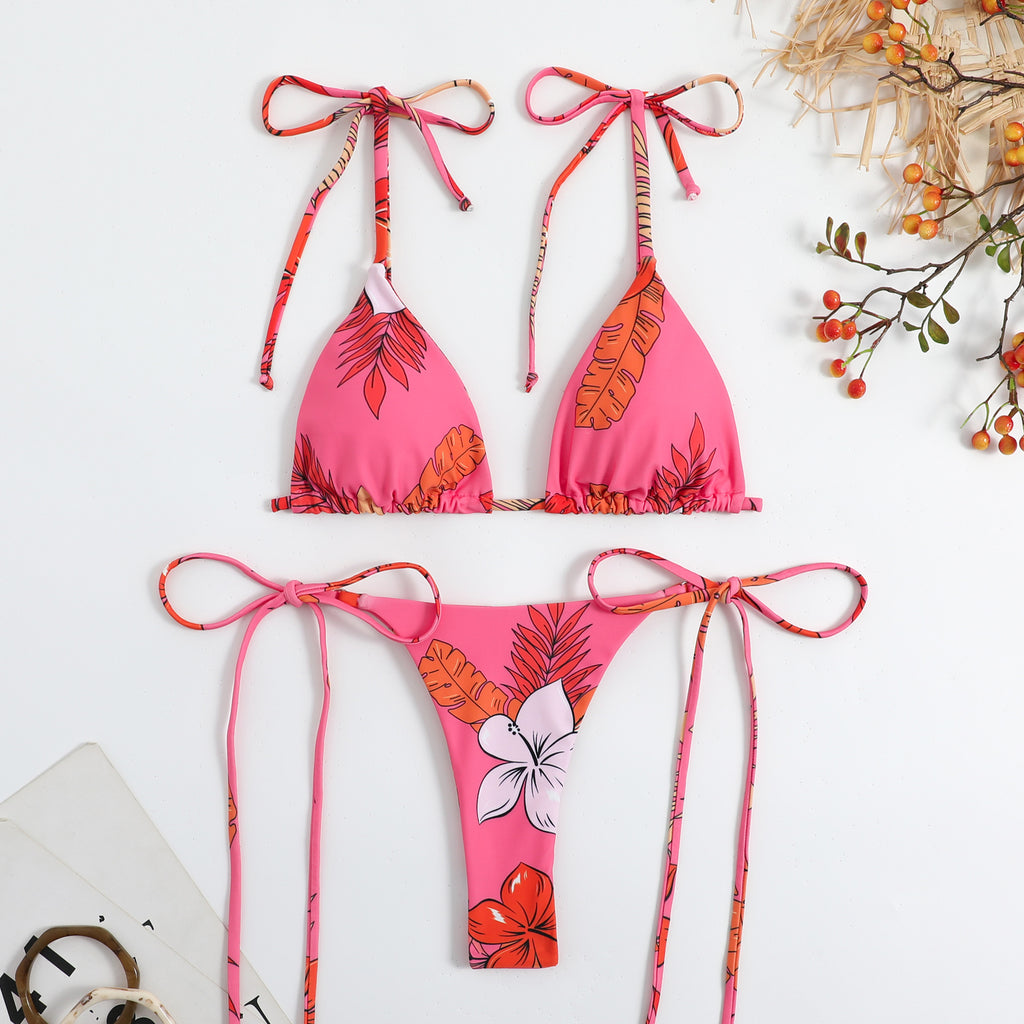 Pink leaf print triangle bikini with string tie straps and high-cut matching bottom