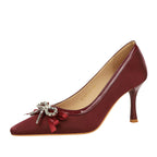 Women's Square-Toe Slip-On High Heels With Rhinestone Ribbon Bow