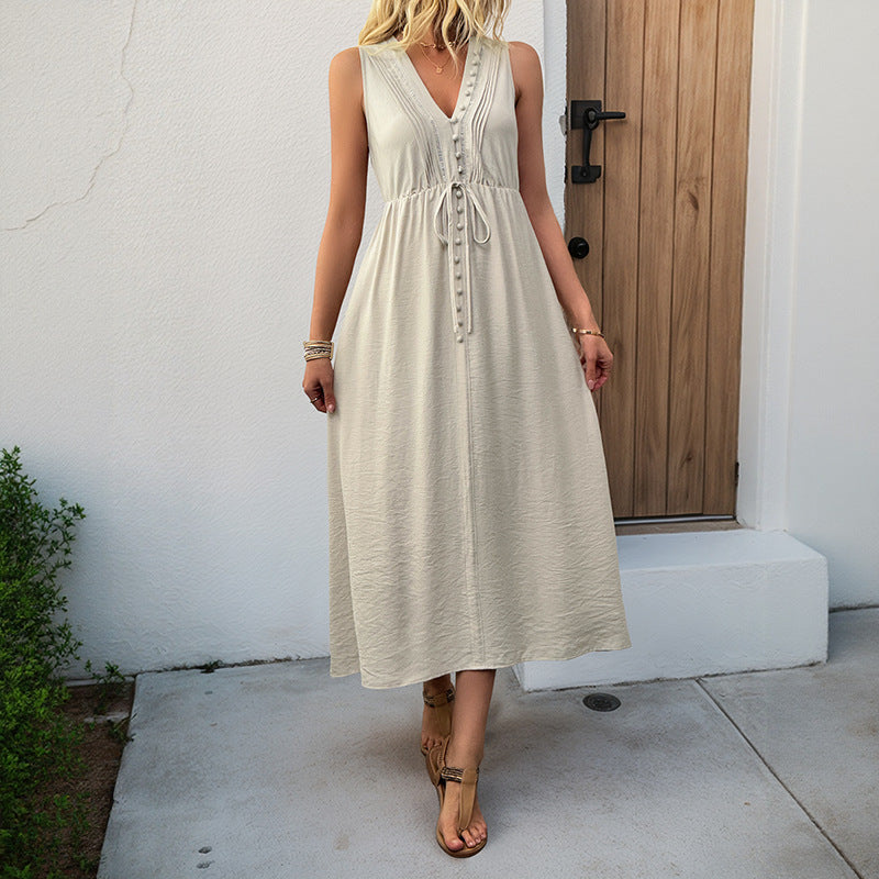 Women's Summer Lace Pleated Sleeveless V Neck Solid Color Dress