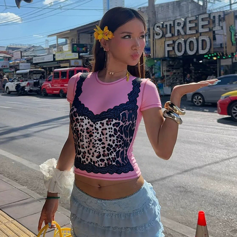 Women’s Blue Leopard Print Lace Top