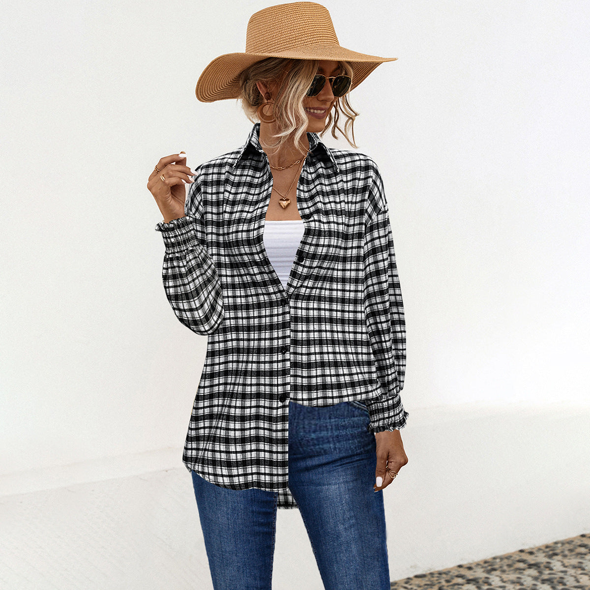 Autumn Winter Lazy Loose Puff Sleeve Grid Plaid Shirt