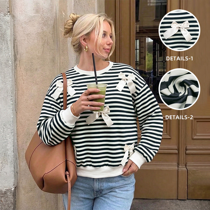 Casual Retro Striped Lace up round Neck Long Sleeve Sweater