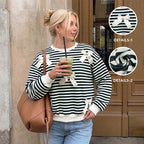Casual Retro Striped Lace up round Neck Long Sleeve Sweater