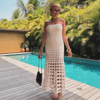 Ivory strapless summer dress with circular cutout crochet eyelet pattern, long maxi length