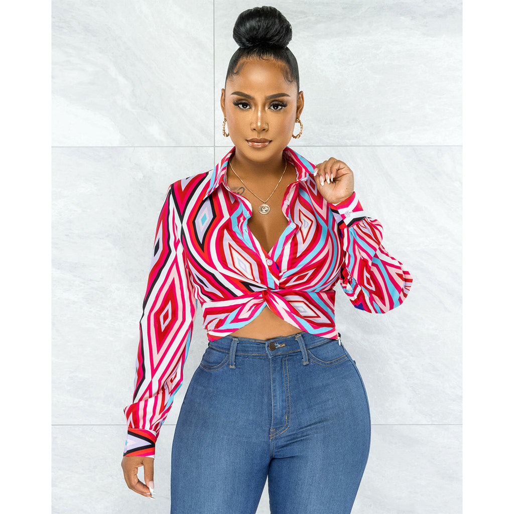 Women's Clothing Geometry Pattern Printed Twist Button Shirt Top