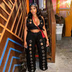 Women Wear Trendy Eyelet Loose Straight Wide Leg Pants Set