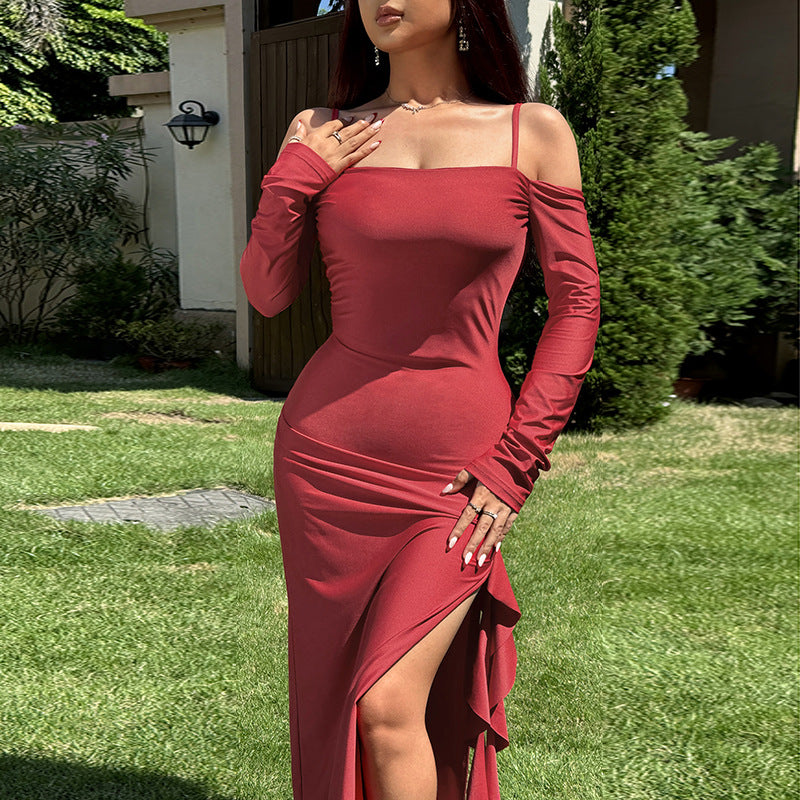 Spaghetti-Strap Ruffle Asymmetric Bodycon Maxi Dress