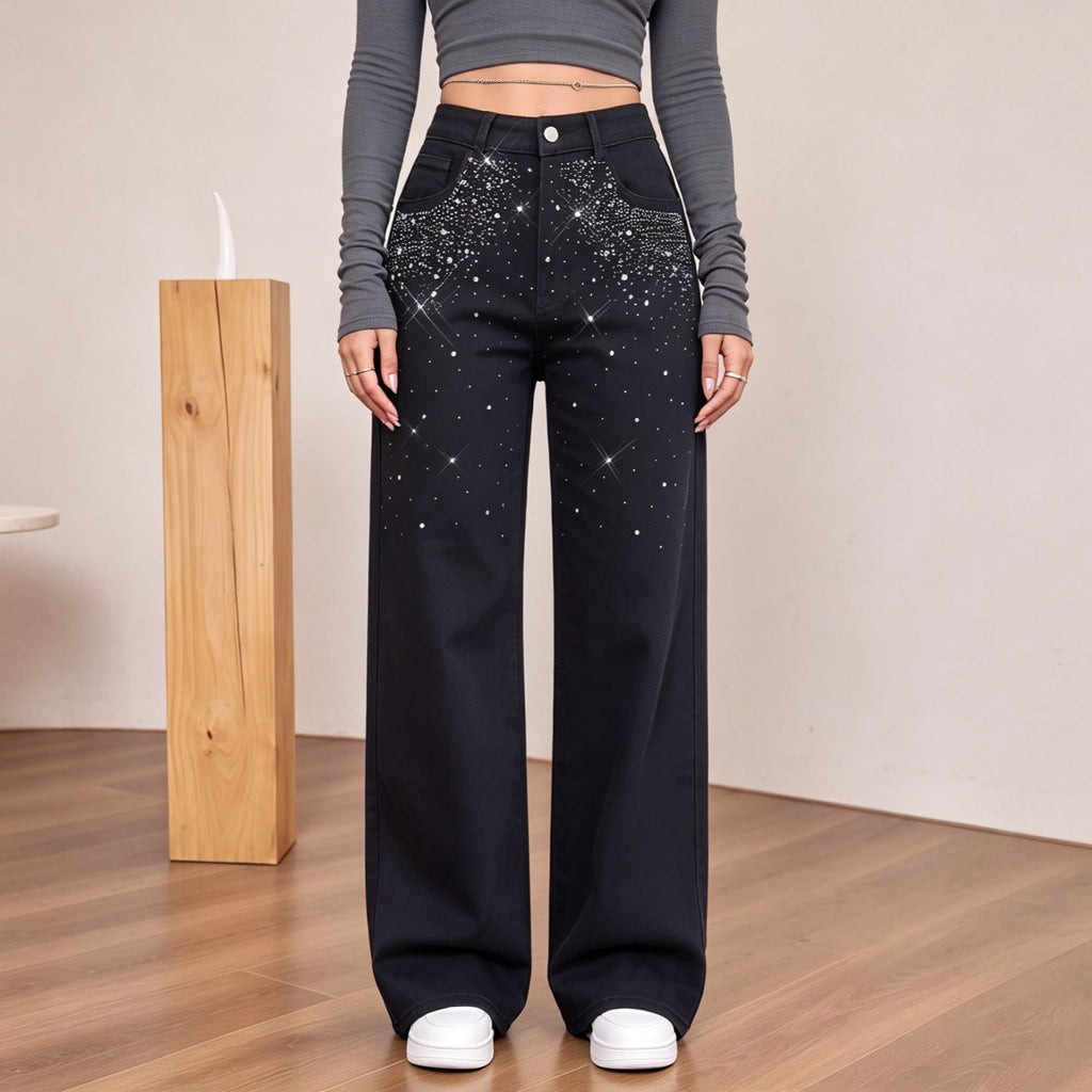 Women's Fleece-Lined Black Rhinestone Wide-Leg Jeans