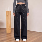 Women's Fleece-Lined Black Rhinestone Wide-Leg Jeans