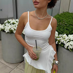 Small Sling White Slim Fit Ruffled Ribbon Irregular Asymmetric Top