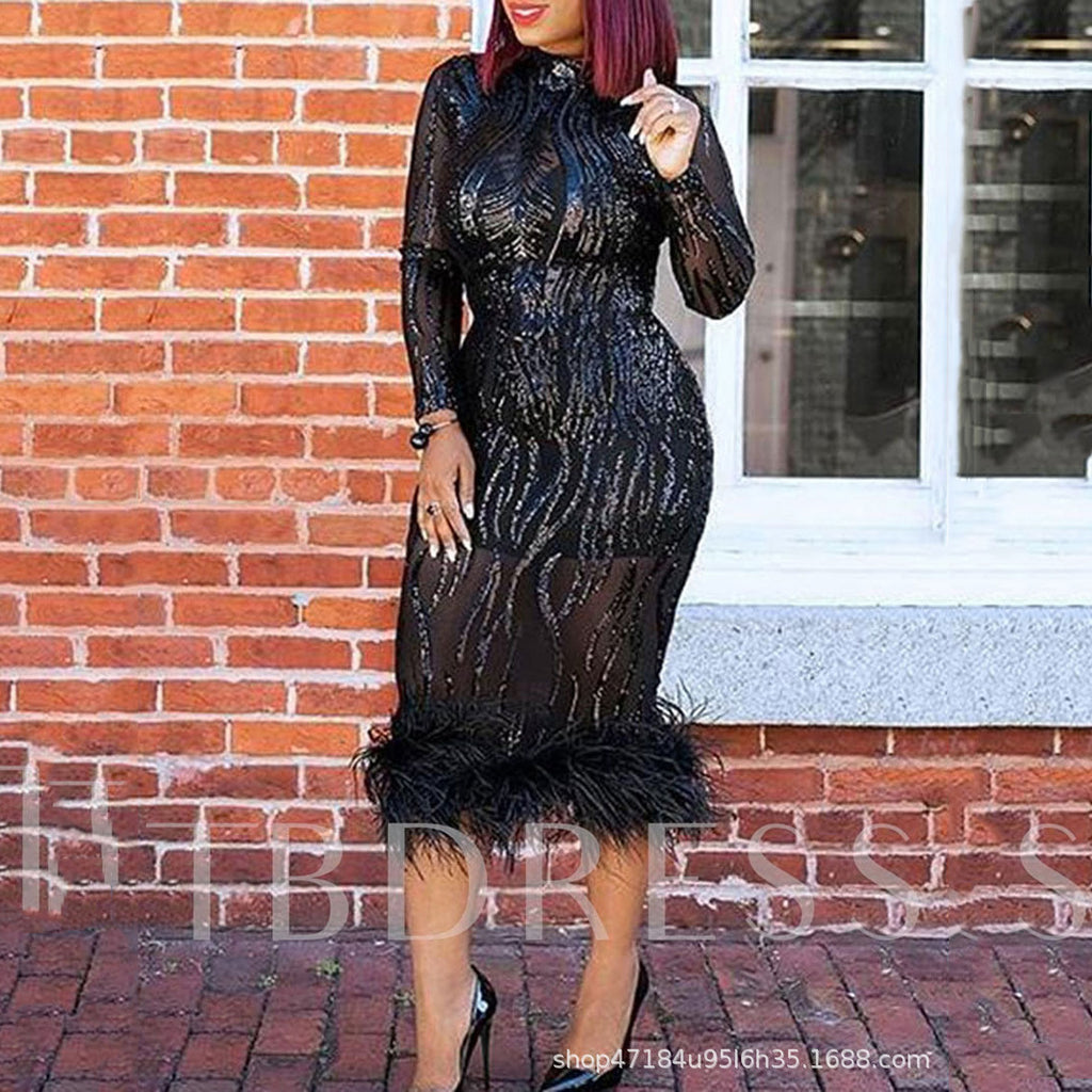 Women's Sequin Feather Long Sleeve Bodycon Midi Dress