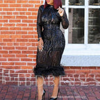 Women's Sequin Feather Long Sleeve Bodycon Midi Dress