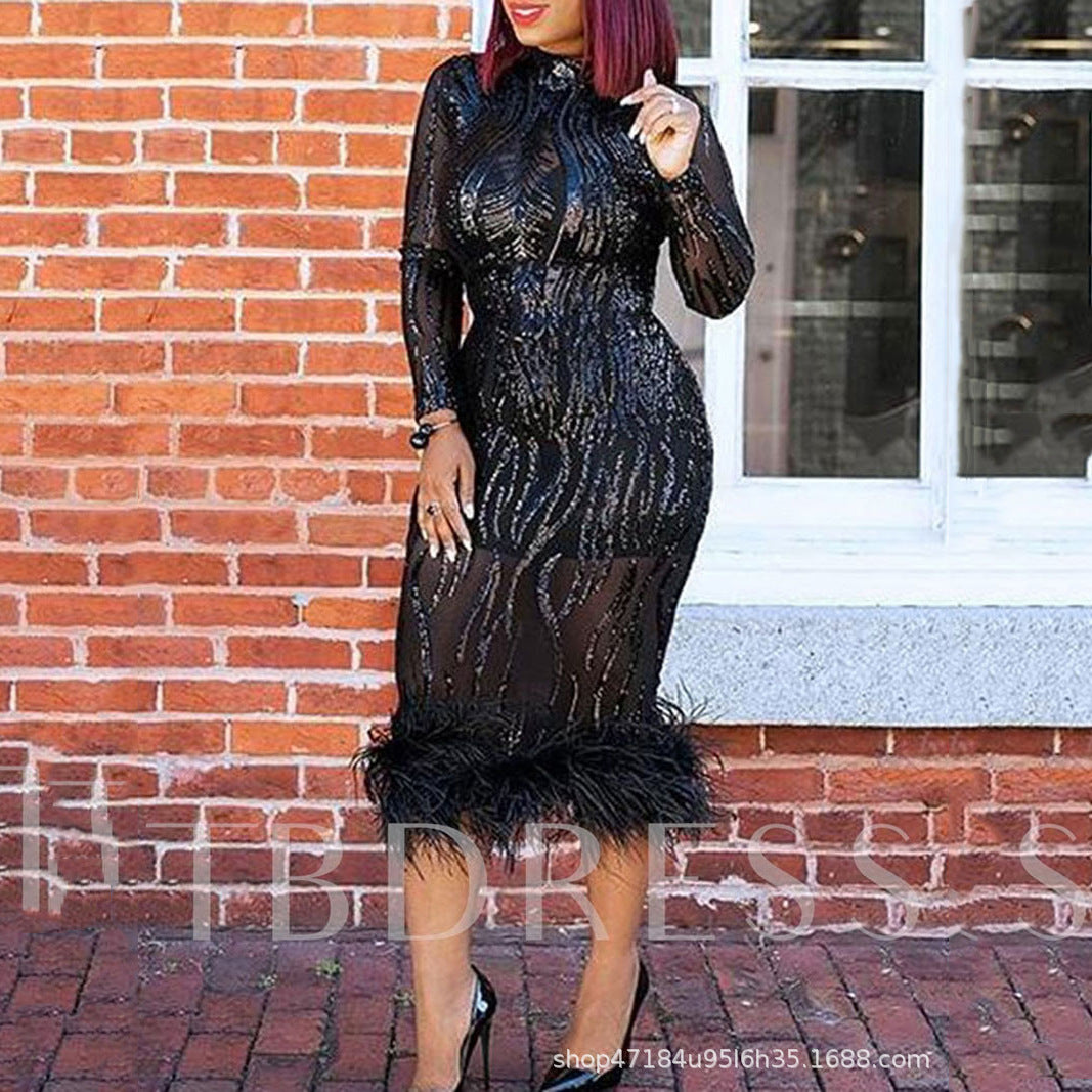 Women's Sequin Feather Long Sleeve Bodycon Midi Dress
