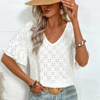 Women's Women Knitted Embroidered Hollow Out Cutout Ruffled V Neck Short Sleeved Shirt Women T Shirt Women Spring Autumn