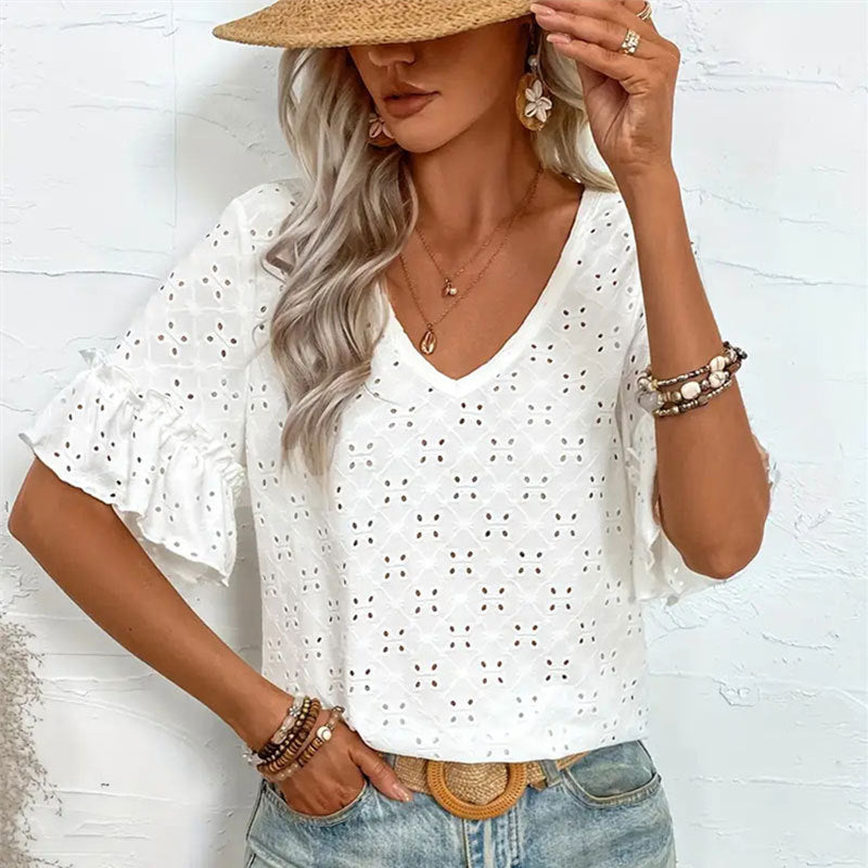 Women's Women Knitted Embroidered Hollow Out Cutout Ruffled V Neck Short Sleeved Shirt Women T Shirt Women Spring Autumn