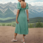 Lace Patchwork Dress Summer Women Square Collar Split Jacquard Dress