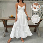 White lace sling maxi dress with V-neck bodice and tie-back waist detail