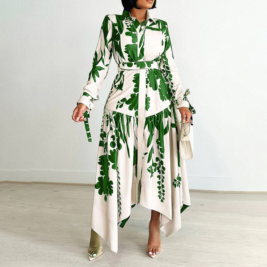 Collared Long-Sleeve Tied Irregular Asymmetric Pattern Print Dress