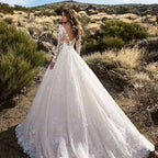 Lace V-Neck Embroidered Long-Sleeve A-Line Maxi Dress