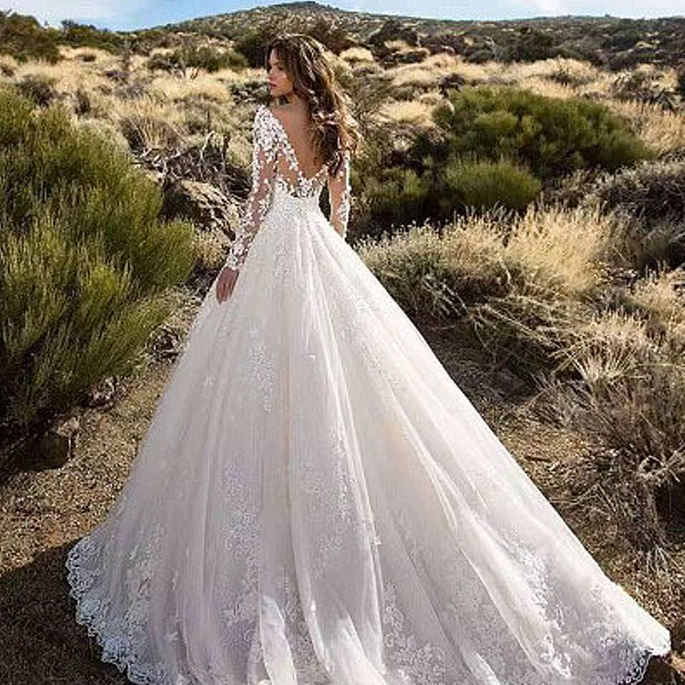 Lace V-Neck Embroidered Long-Sleeve A-Line Maxi Dress