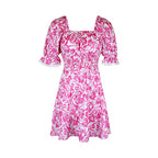 A-Line Puff Sleeve Short-Sleeve Lace-Up Smocking Dress