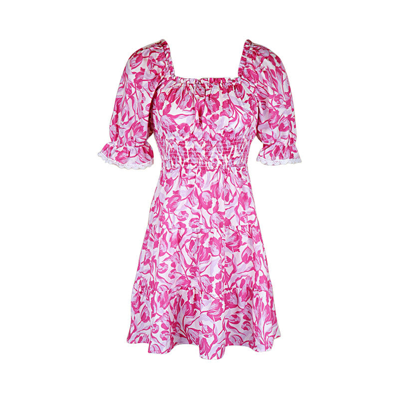 A-Line Puff Sleeve Short-Sleeve Lace-Up Smocking Dress