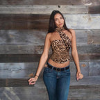Women's Women Clothing Summer Leopard Print Off Neck Pleated Slim Ribbon Small Tank Top