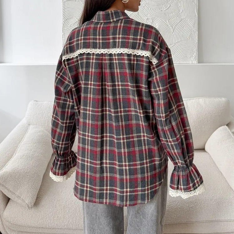 Plaid Retro Pattern Shirt Collared Flared Sleeve Cardigan Loose