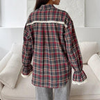Plaid Retro Pattern Shirt Collared Flared Sleeve Cardigan Loose