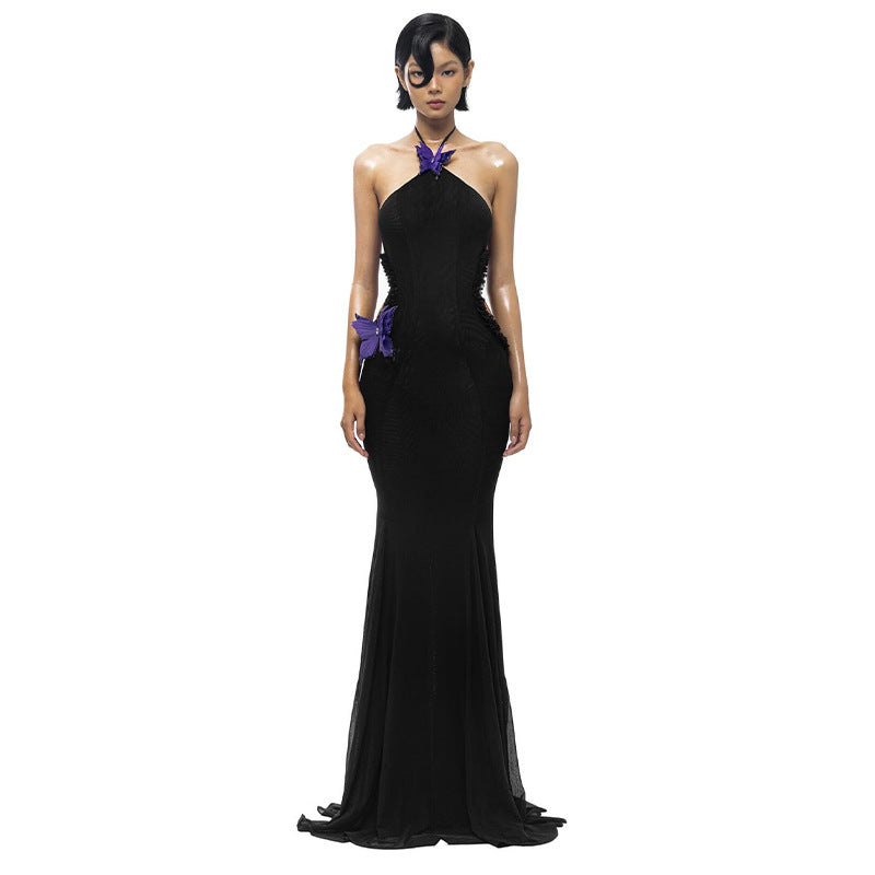 Women's Halter Backless 3D Floral Fishtail Maxi Dress