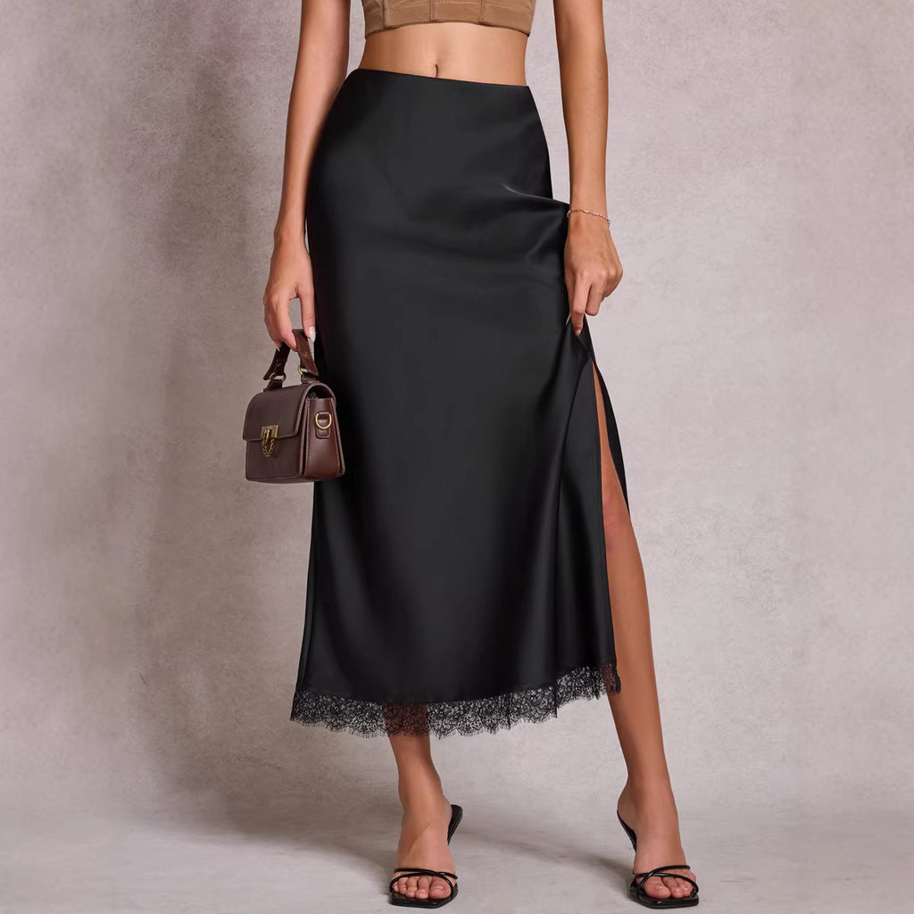 Satin Lace Split High Waist Elastic Sheath Skirt
