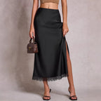 Satin Lace Split High Waist Elastic Sheath Skirt