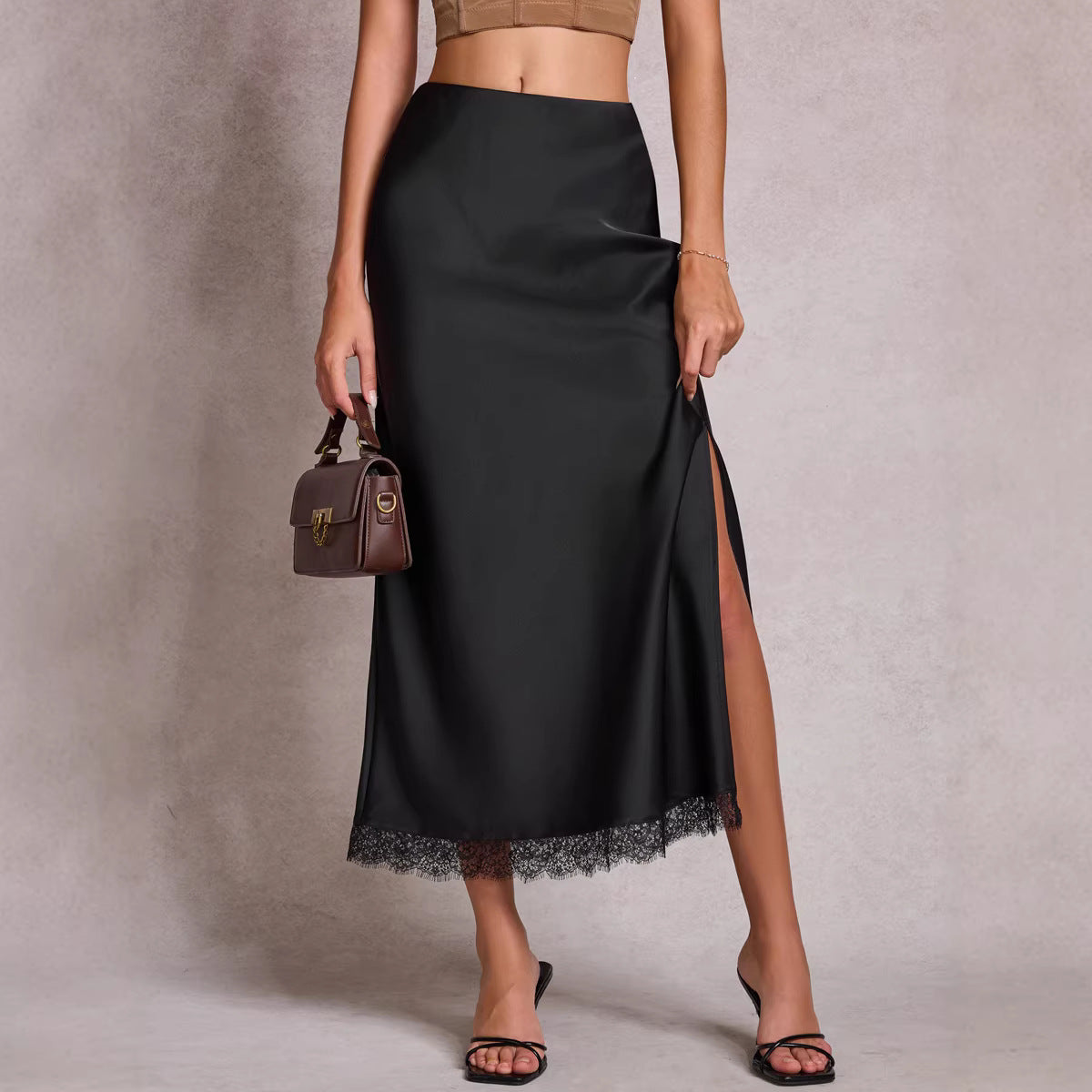 Satin Lace Split High Waist Elastic Sheath Skirt